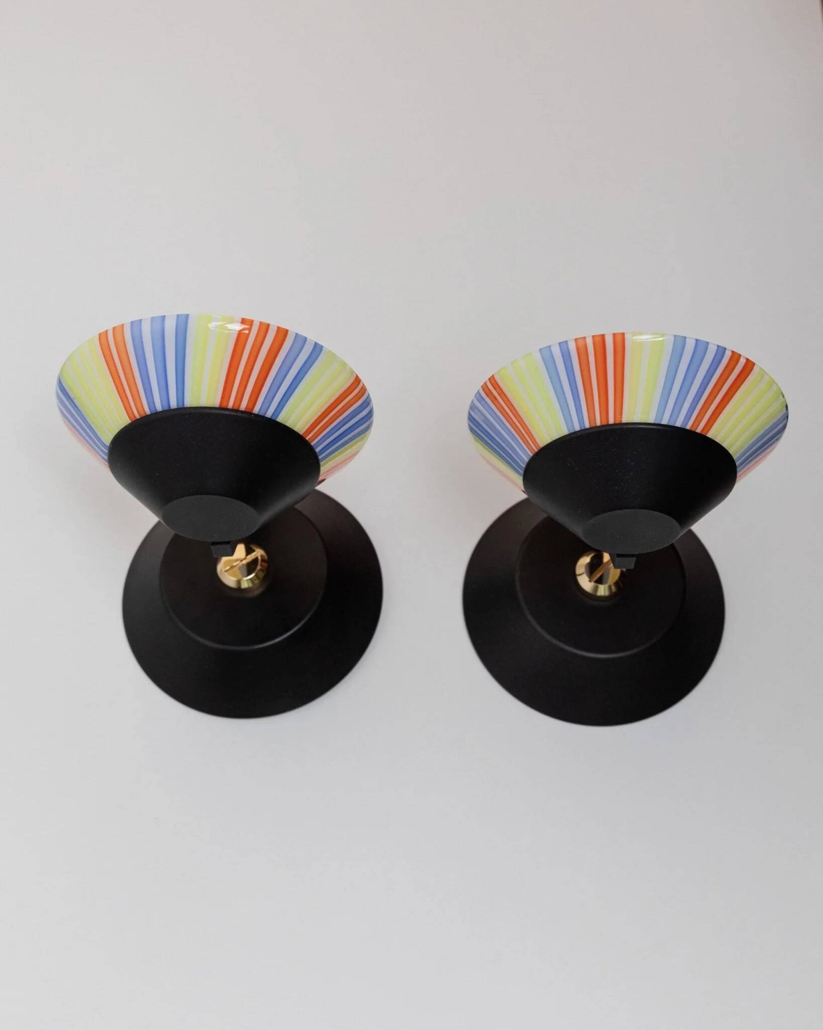 Set of 2 Vintage Murano Glass Wall Lamps with Multicolor Striped Shades and Matte Black Holders