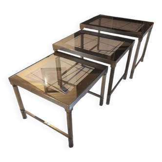 Lot de 3 tables gigognes verre fumé vintage