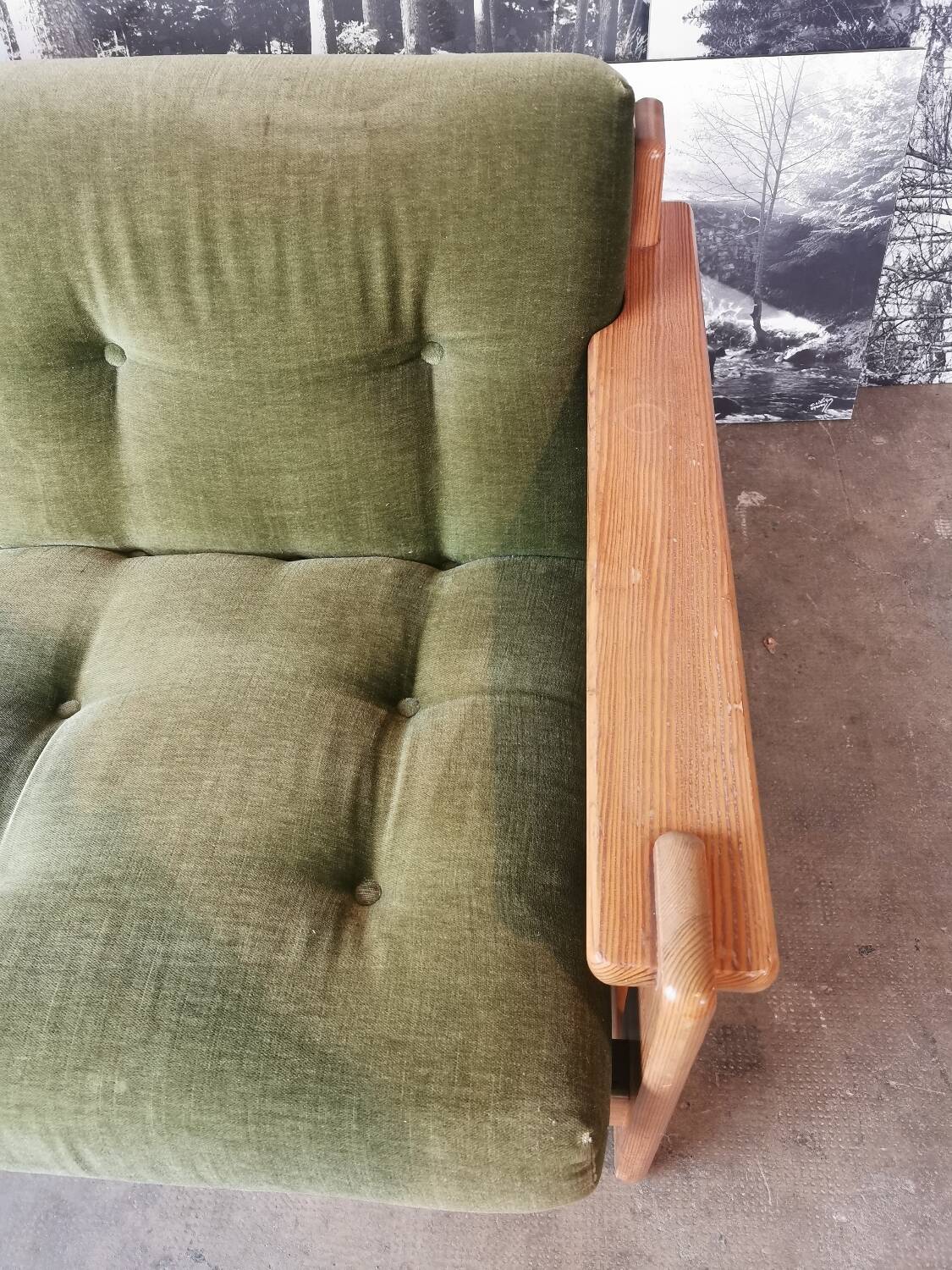 Scandinavian velvet and wood sofa