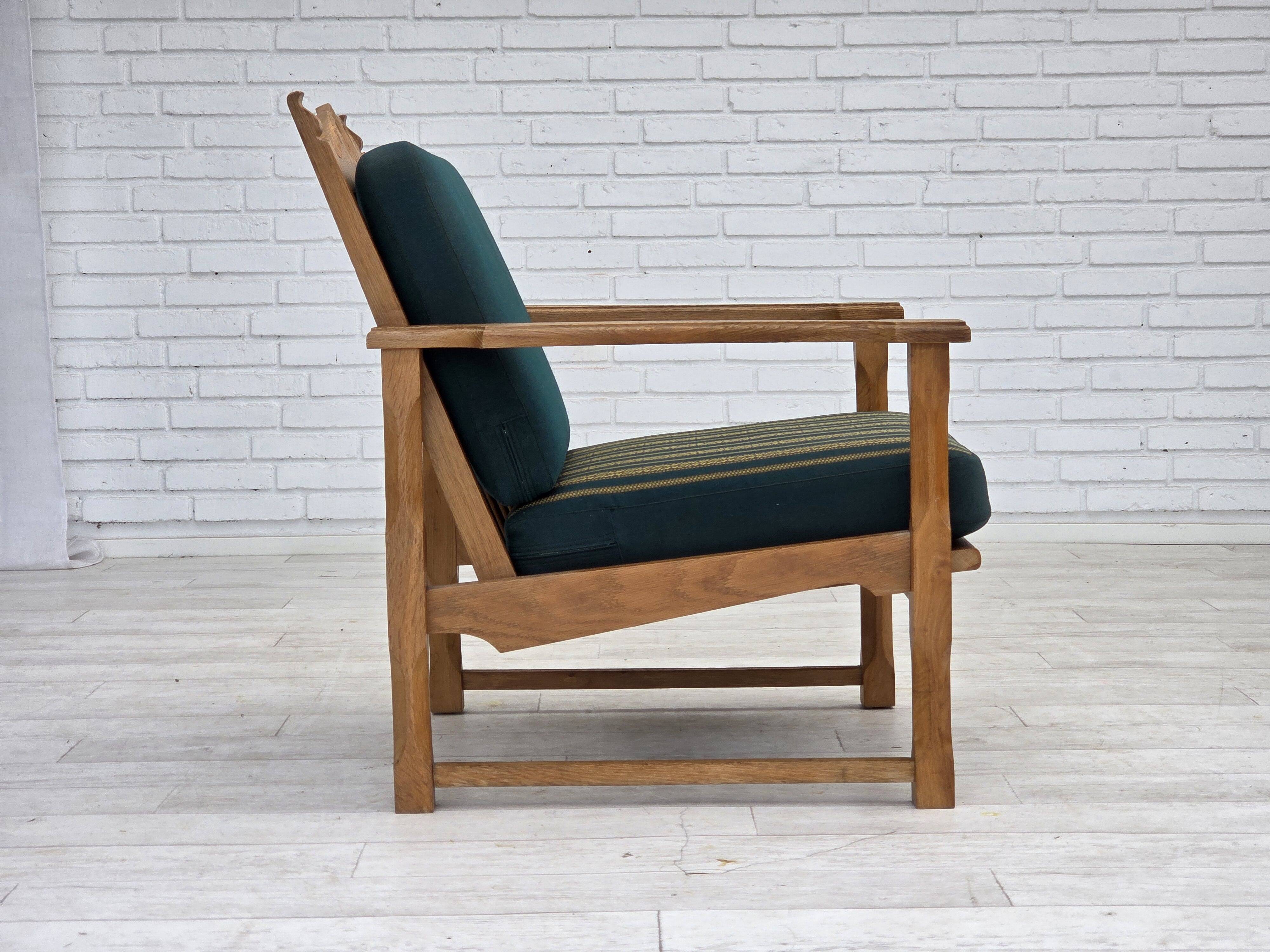 1970s, Scandinavian lounge chair, green furniture wool, solid oak wood.
