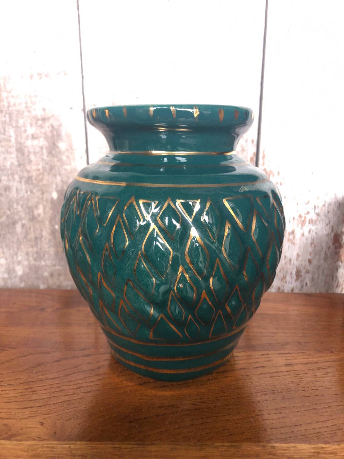 Old vallauris vase green ceramic & vintage gold decor #a798