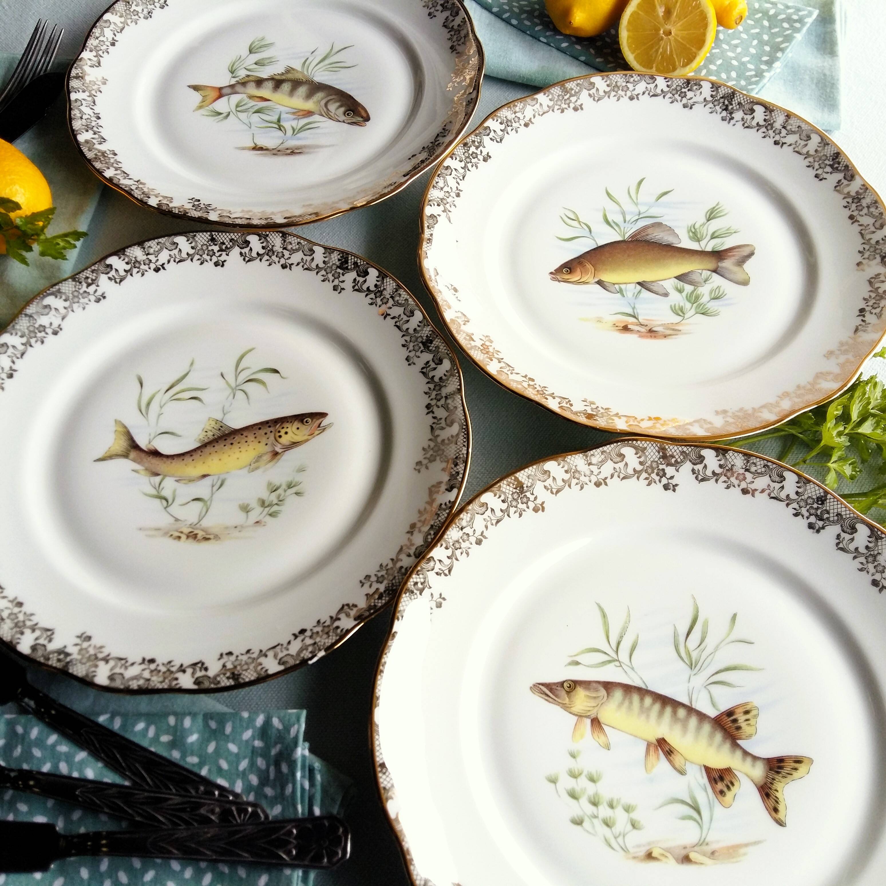 Set of four fish plates. vintage french fish plate set.