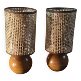 pair of Scandinavian wooden ball bedside lamps elec ok 32x14