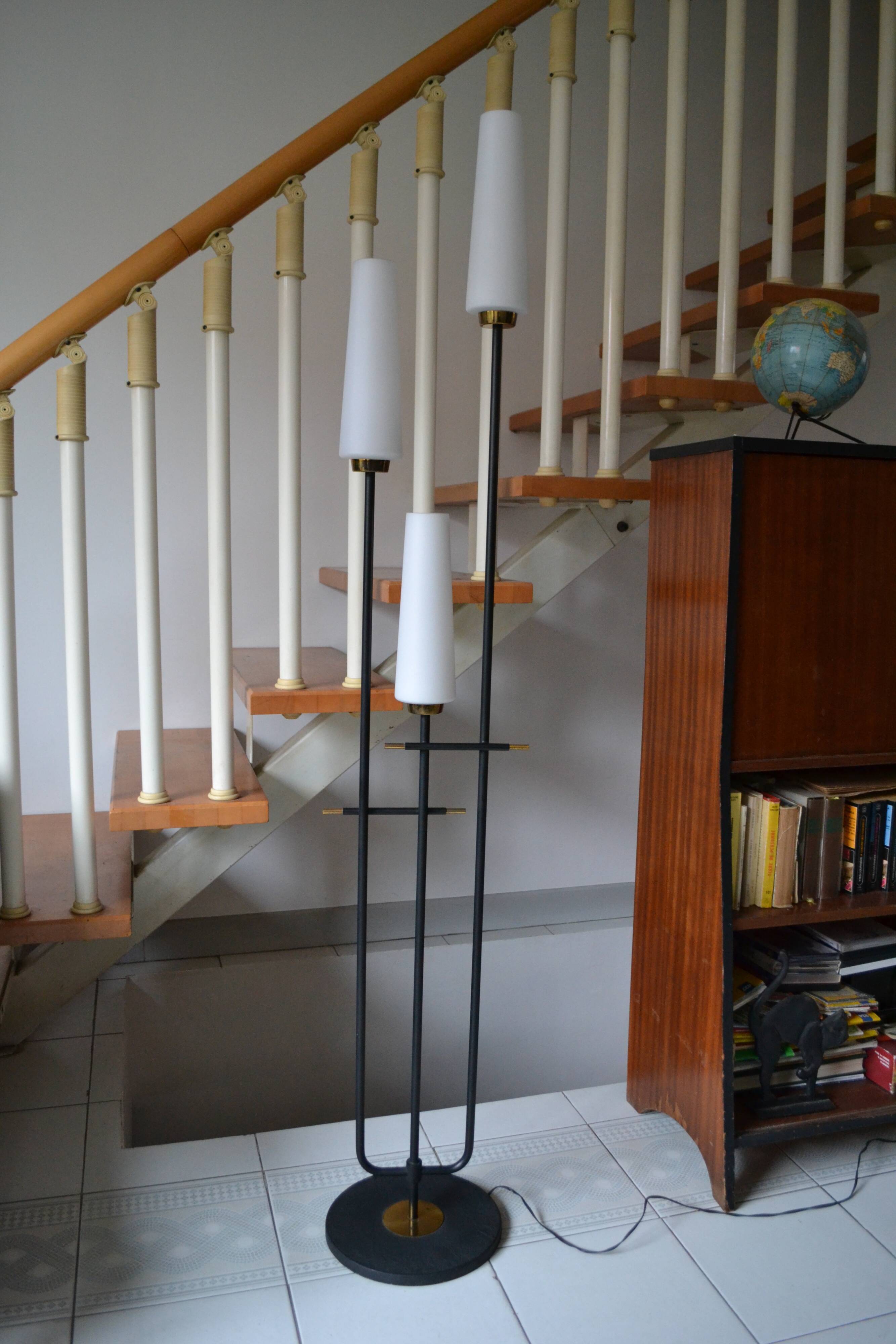 Vintage floor lamp Maison Arlus 3 lights opaline metal