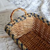 Vintage wicker basket with blue and yellow checkered lining