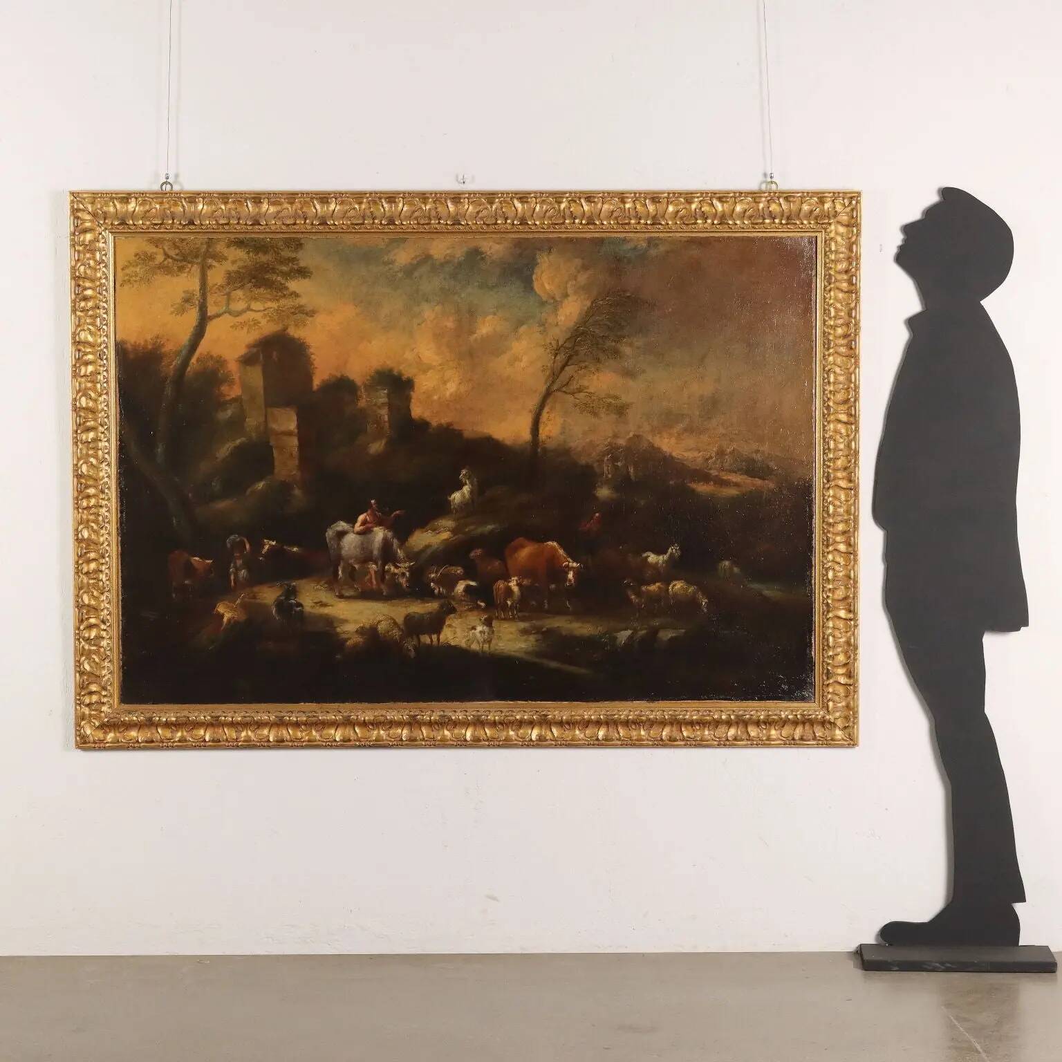 Landscape painting with figures and herds, oil on canvas, 18th century.