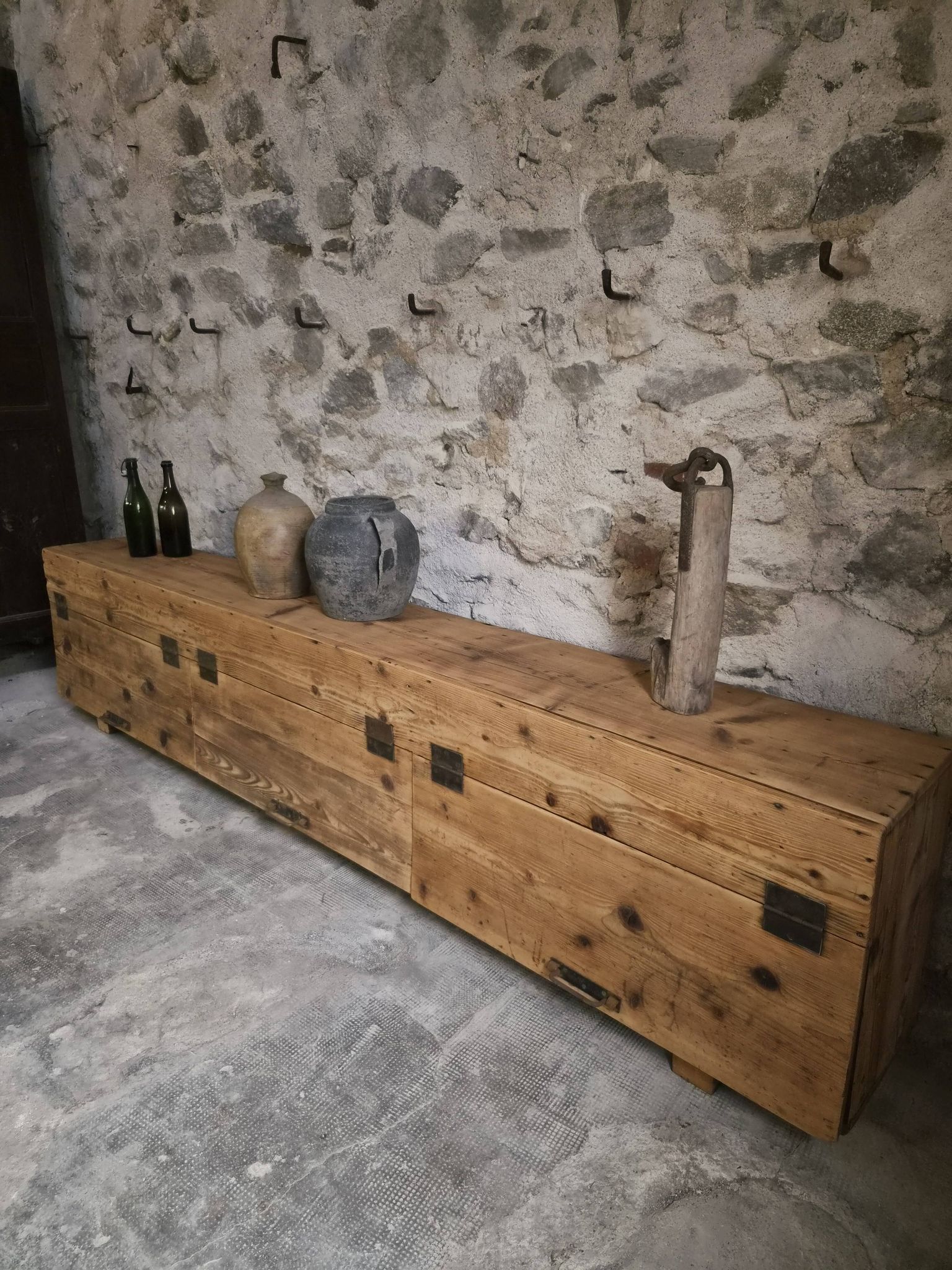 Old French industrial workshop furniture in pine / storage bench, circa 1880–1900