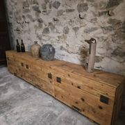 Old French industrial workshop furniture in pine / storage bench, circa 1880–1900