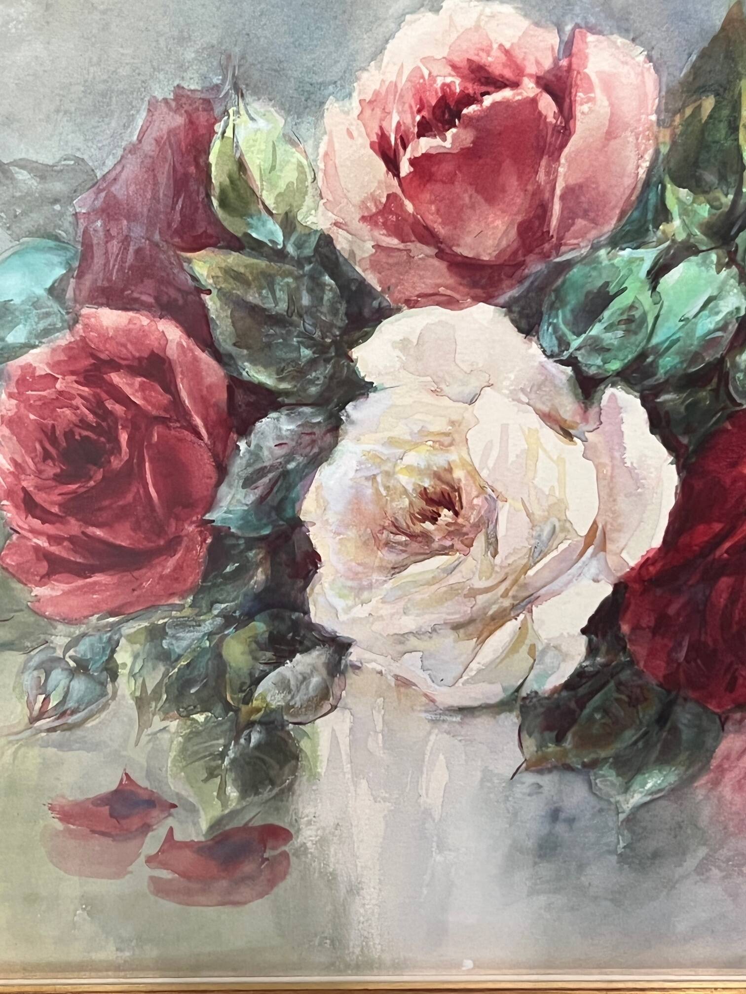 Nature morte "Roses" à l'aquarelle, Madeleine Renaud (1900-1994)