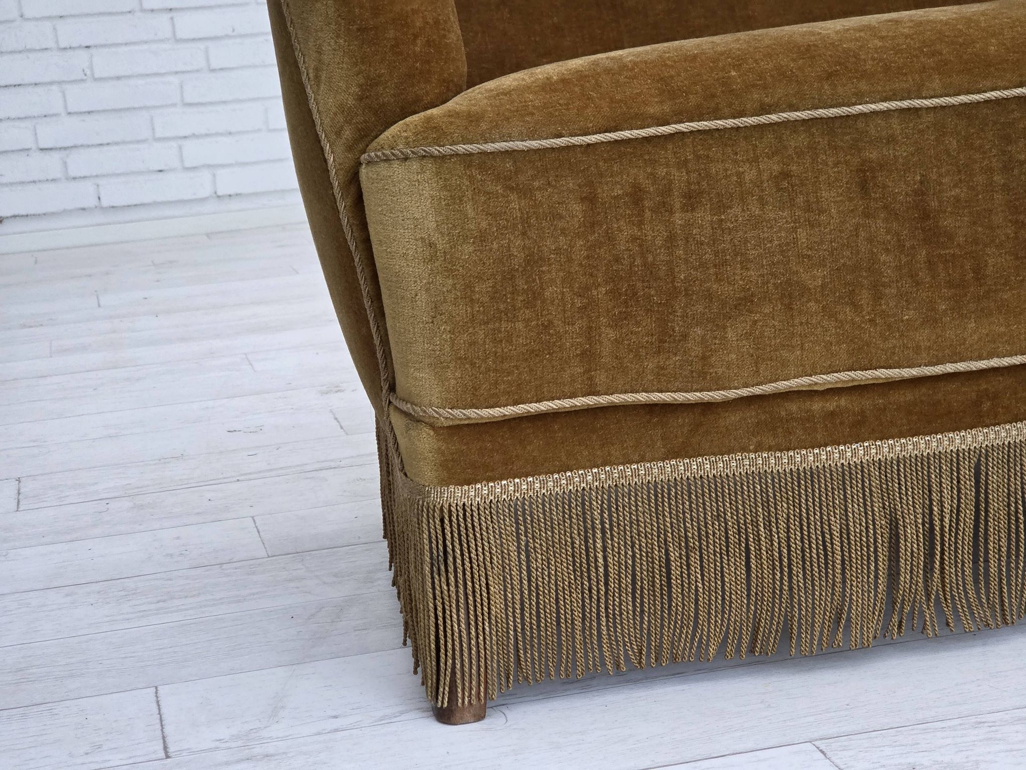 1960s, Danish 3-seater sofa, honey-yellow furniture velour, beech wood.