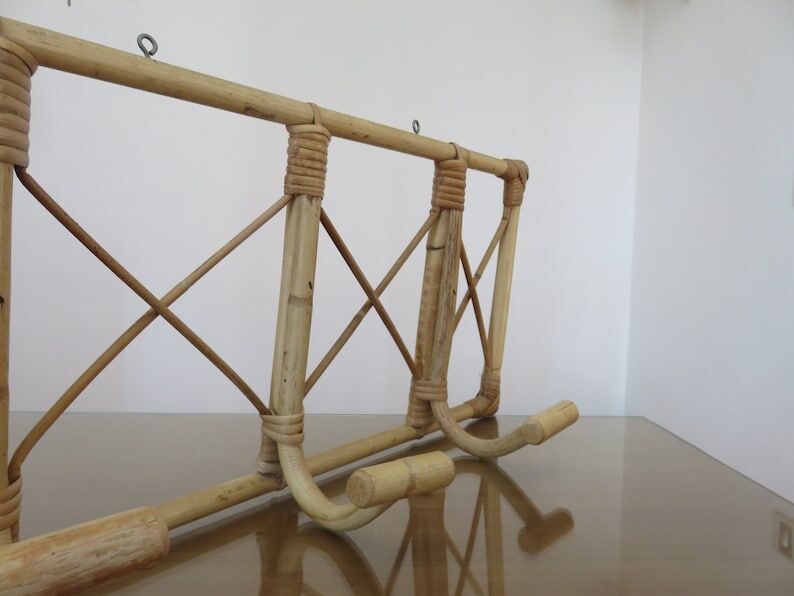 Bamboo rattan coat rack, 3 hooks 70s