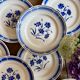 Set of 12 antique flat plates, blue flower decorations