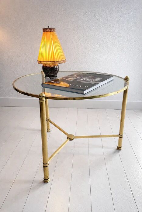 French brass and glass round cocktail table in the style of Maison Baguès