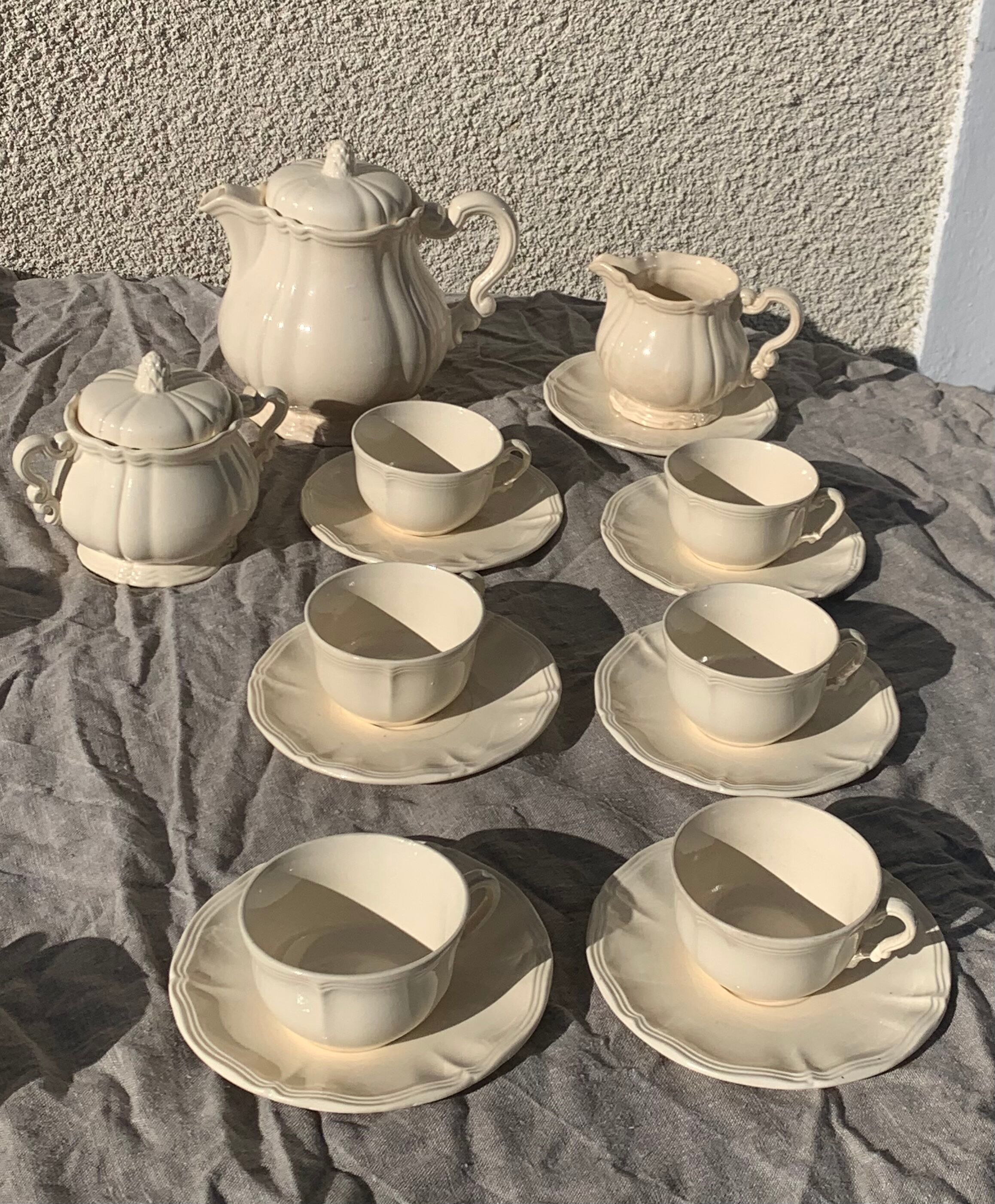 Digoin sarreguemines earthenware tea set consisting of 15 pieces antique cream