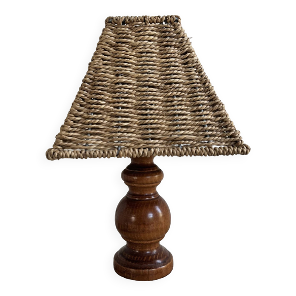 Lampe en bois, abat-jour corde, années 70