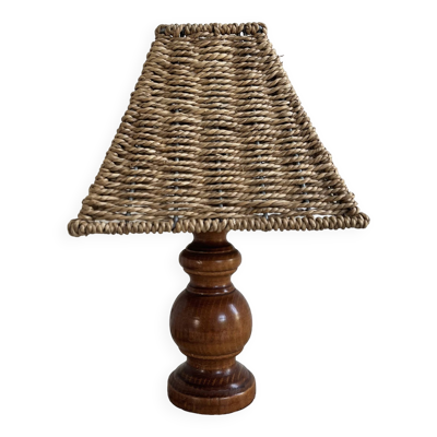 Lampe en bois, abat-jour corde, années 70