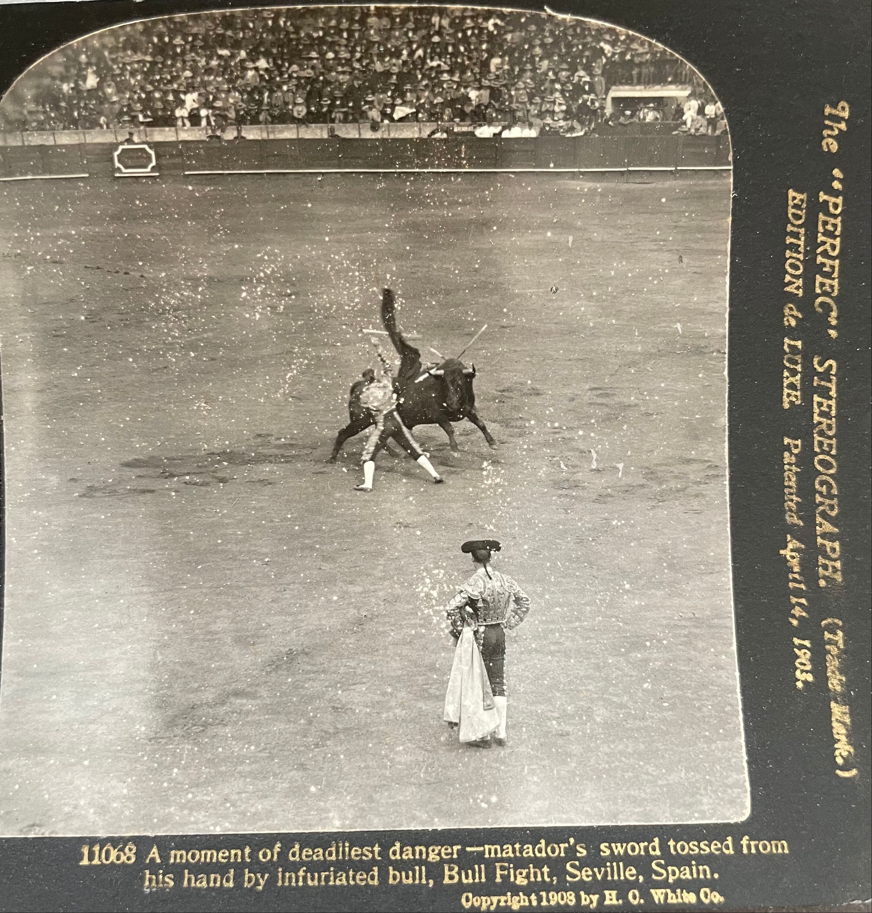 Old photography stereo, stereograph, luxury albumine 1903 Bull race, Seville, Spain