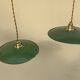 Vintage industrial enameled sheet metal pendant lights with golden wires, old green and white lampshade