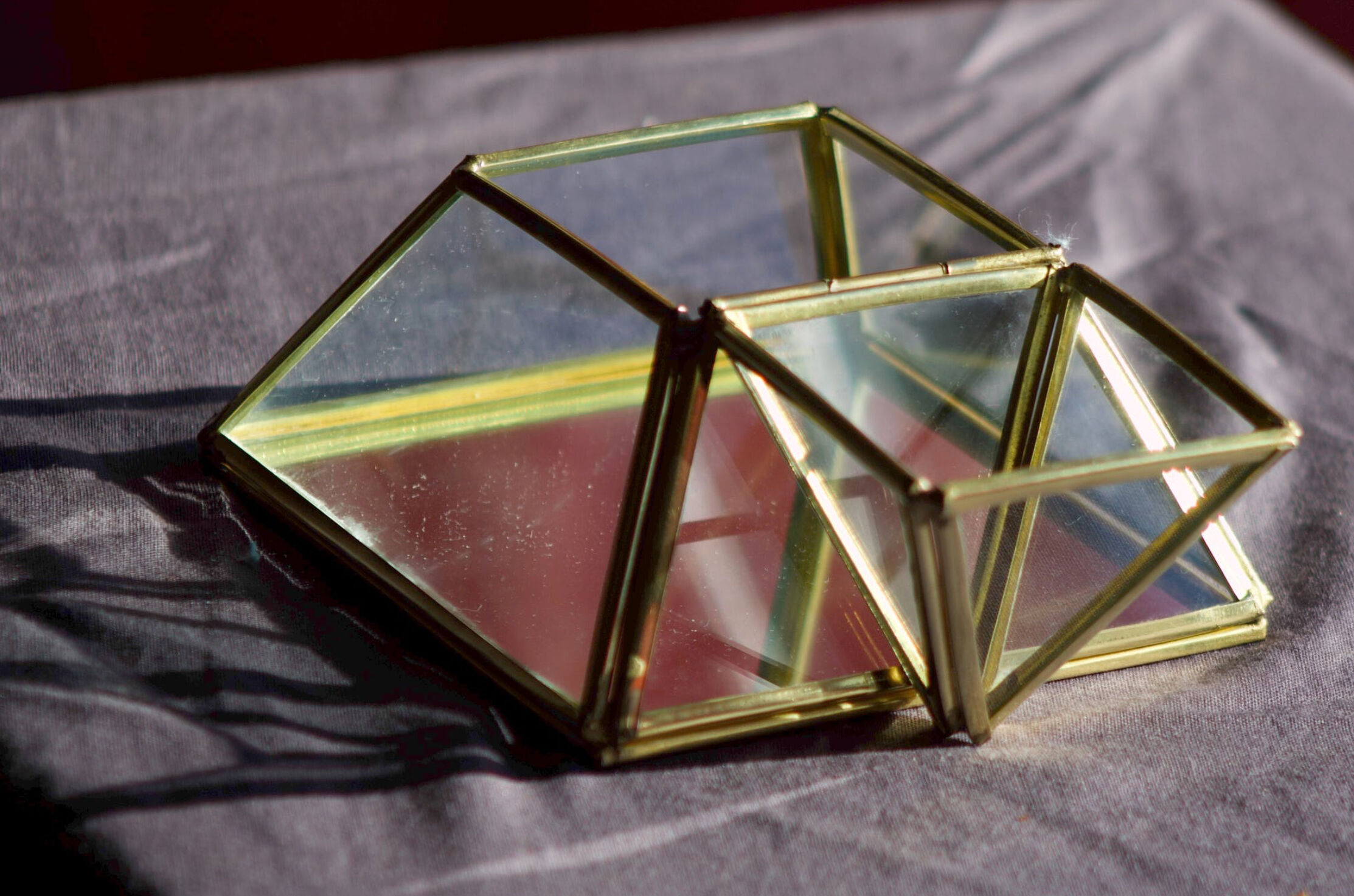 4 old glass, brass and mirror jewellery boxes