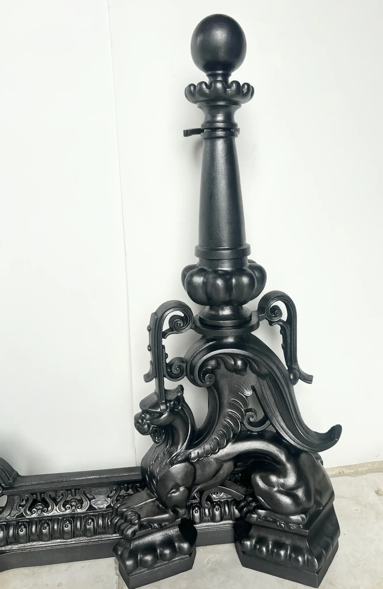 19th-century cast iron fireplace set, bar, andirons & plaque with griffins