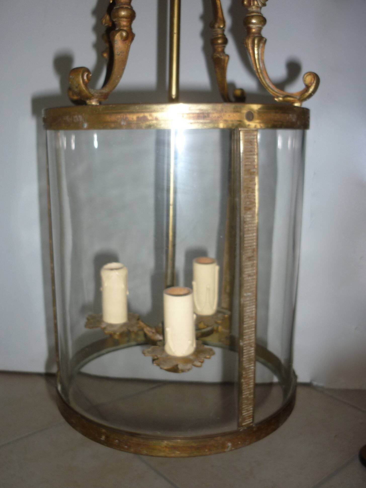Antique glass and brass lantern pendant light, 3 lights