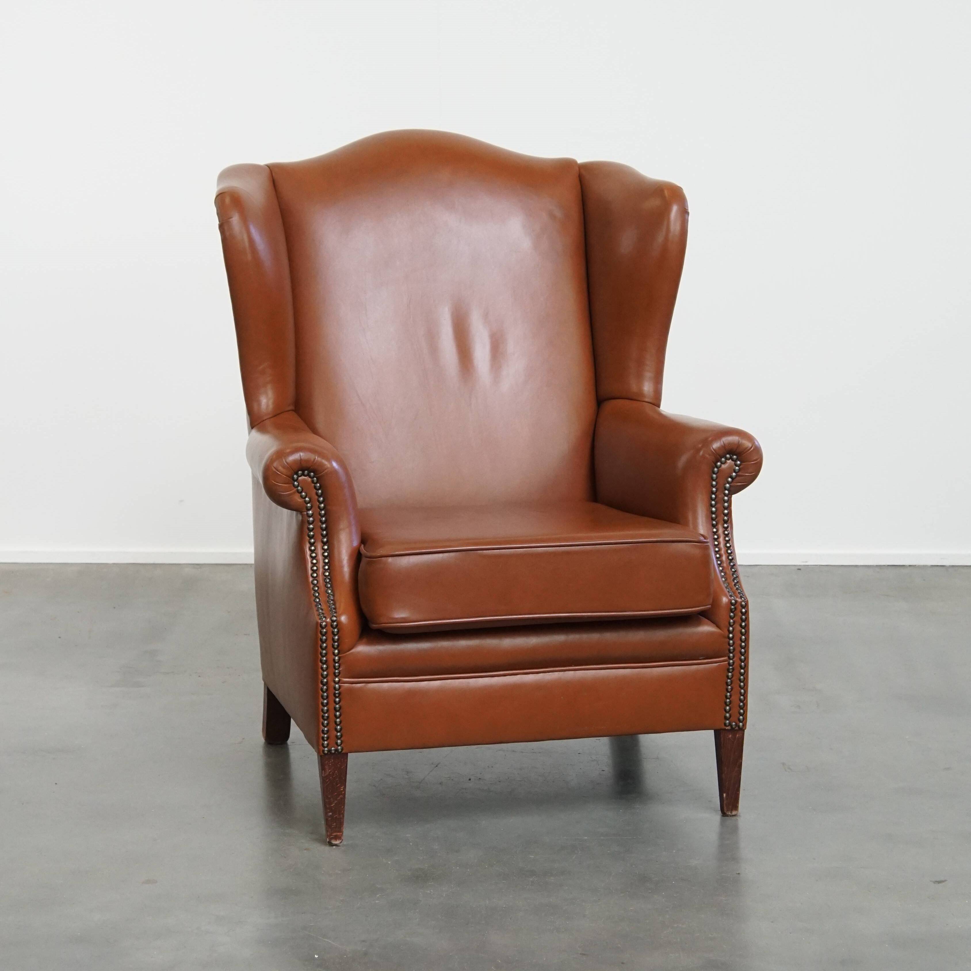 Cognac-Colored Cowhide Leather Wingback Chair in English Style