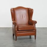 Cognac-Colored Cowhide Leather Wingback Chair in English Style