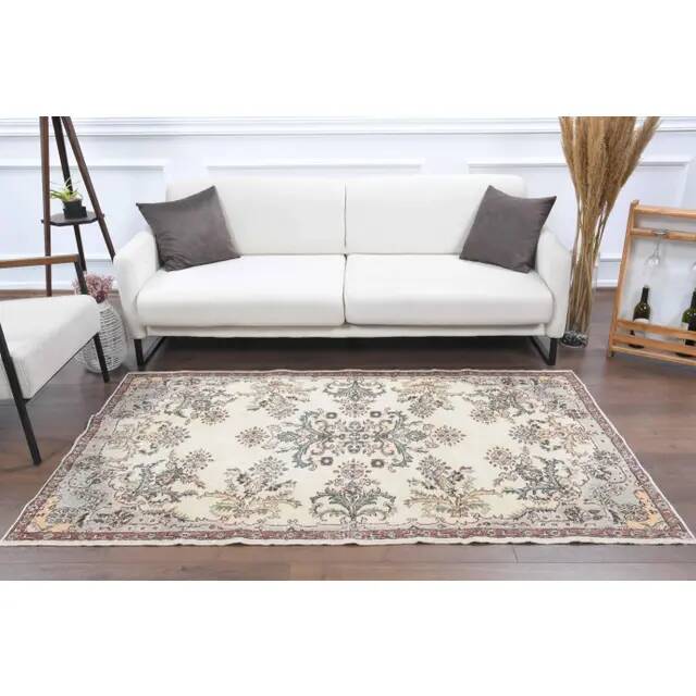 1970s Turkish Oushak Handmade Wool Cotton Beige Area Rug 120x207