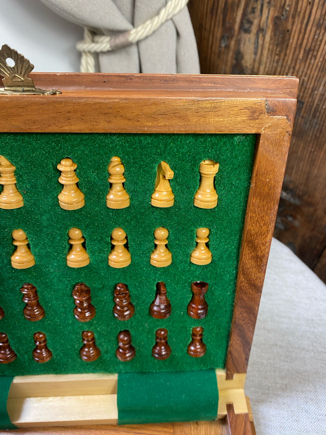 Wooden travel chess set, marquetry board
