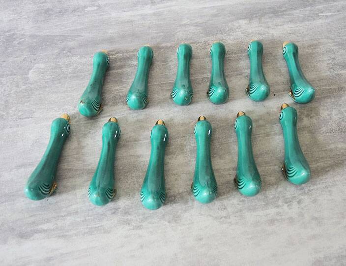 12 Old Duck Knife Holders in Green Ceramic
