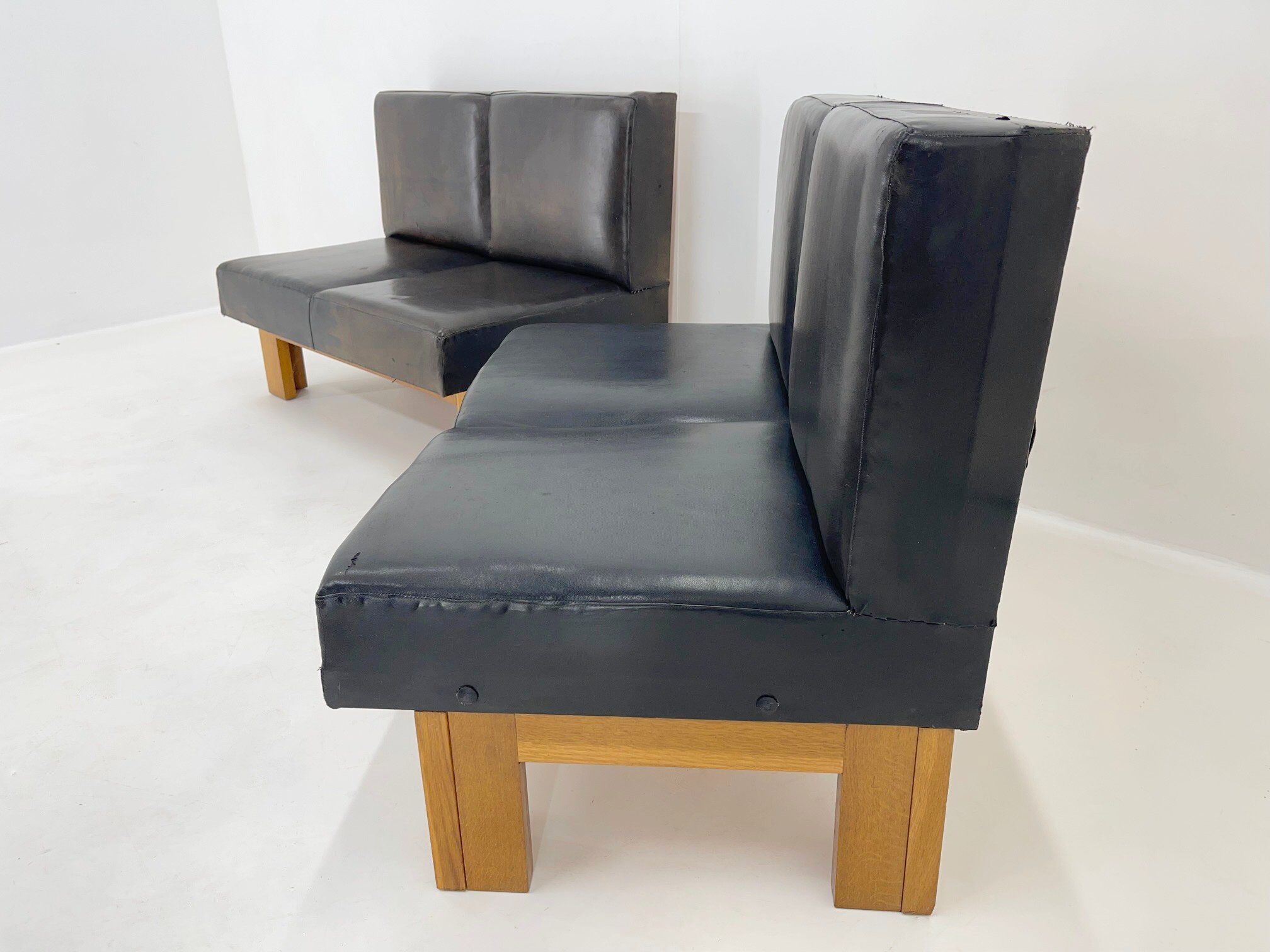 Leather & Oak Wood Modular Sofa and Chairs, 1970's