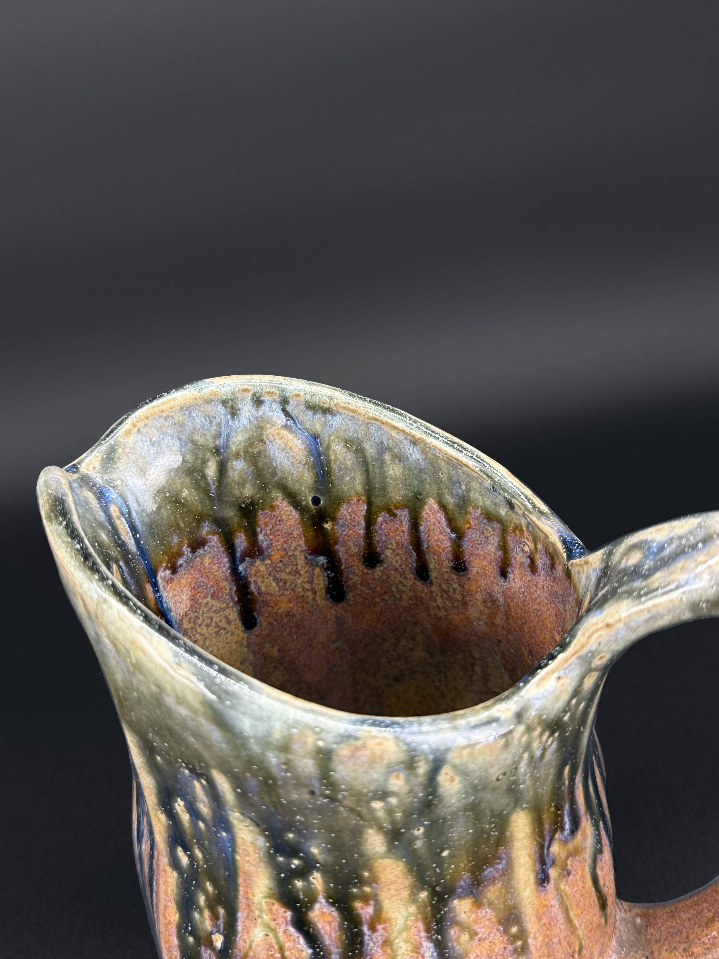 70s glazed stoneware pitcher – signed, French ceramic