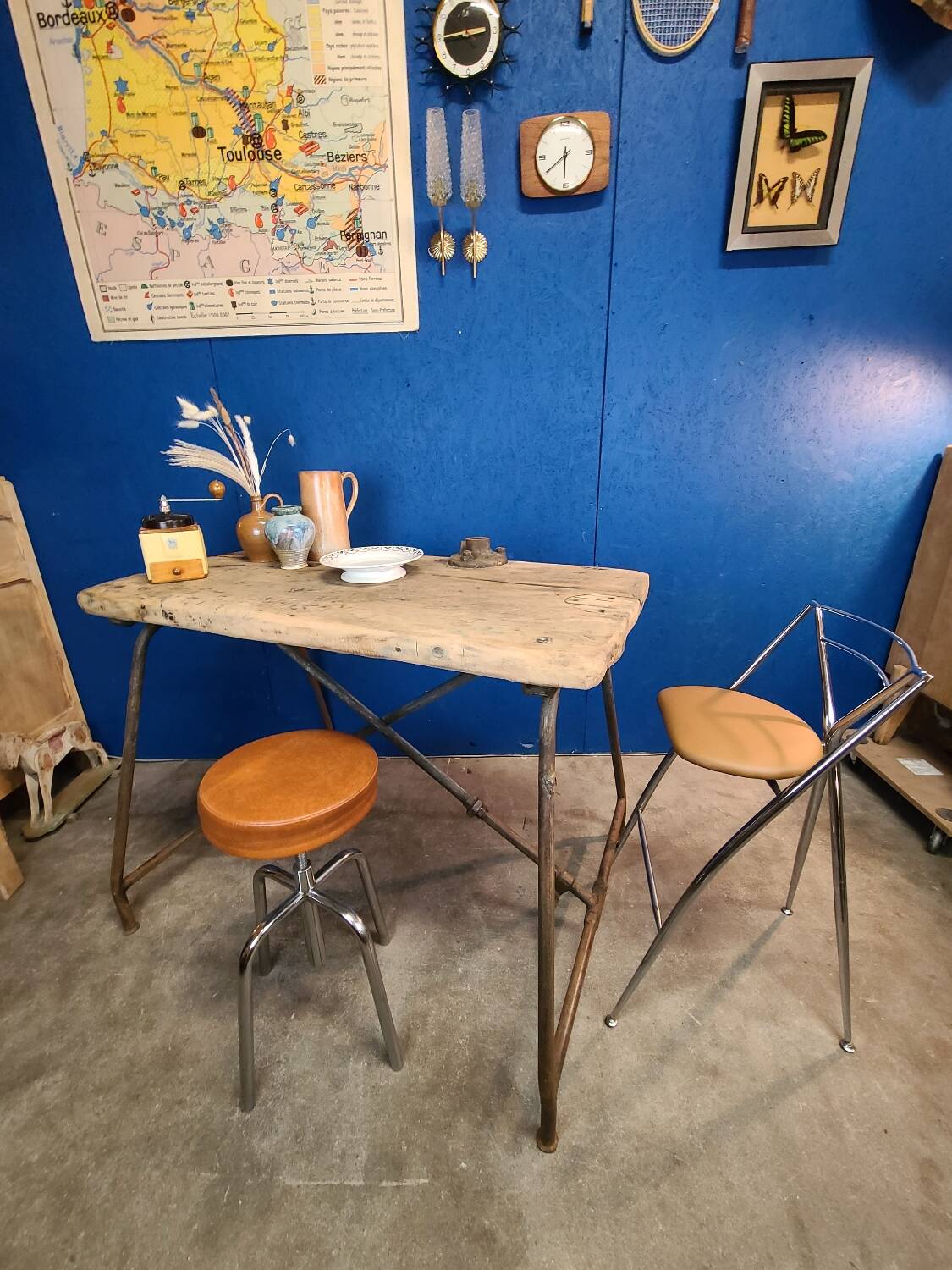 Vintage workbench circa 1930, folding metal leg.