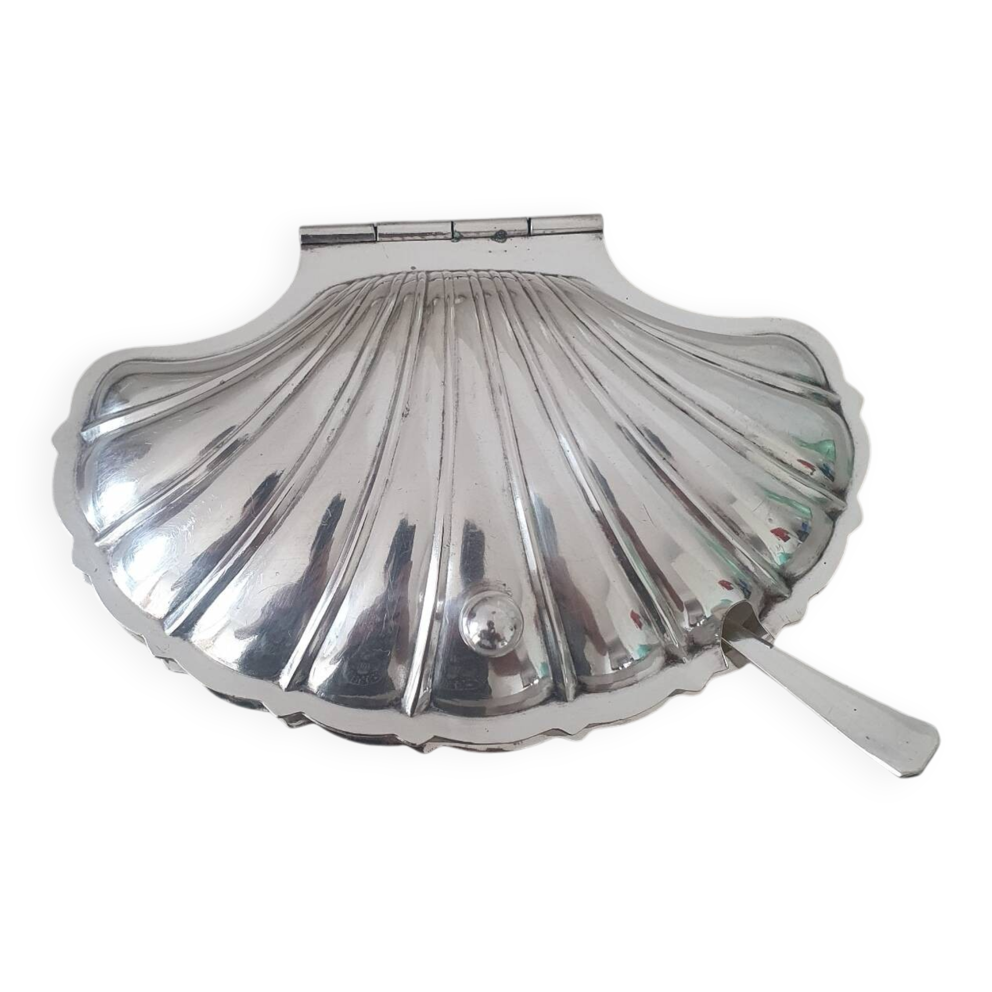 Deschamps Freres butter dish with silver-plated metal shell and V-shaped bowl