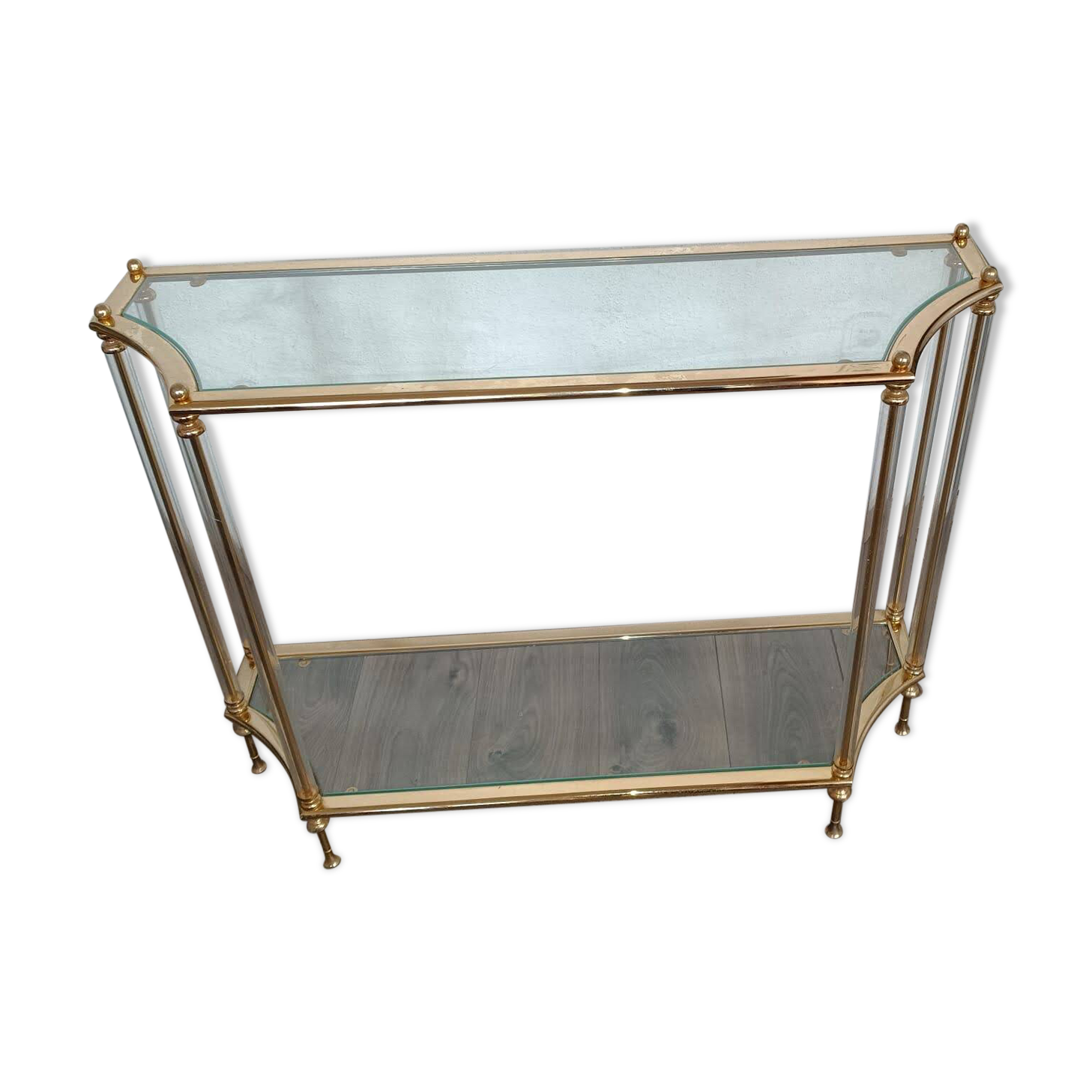 Console "Hollywood Regency" en laiton, plexiglas et verre, circa 1970