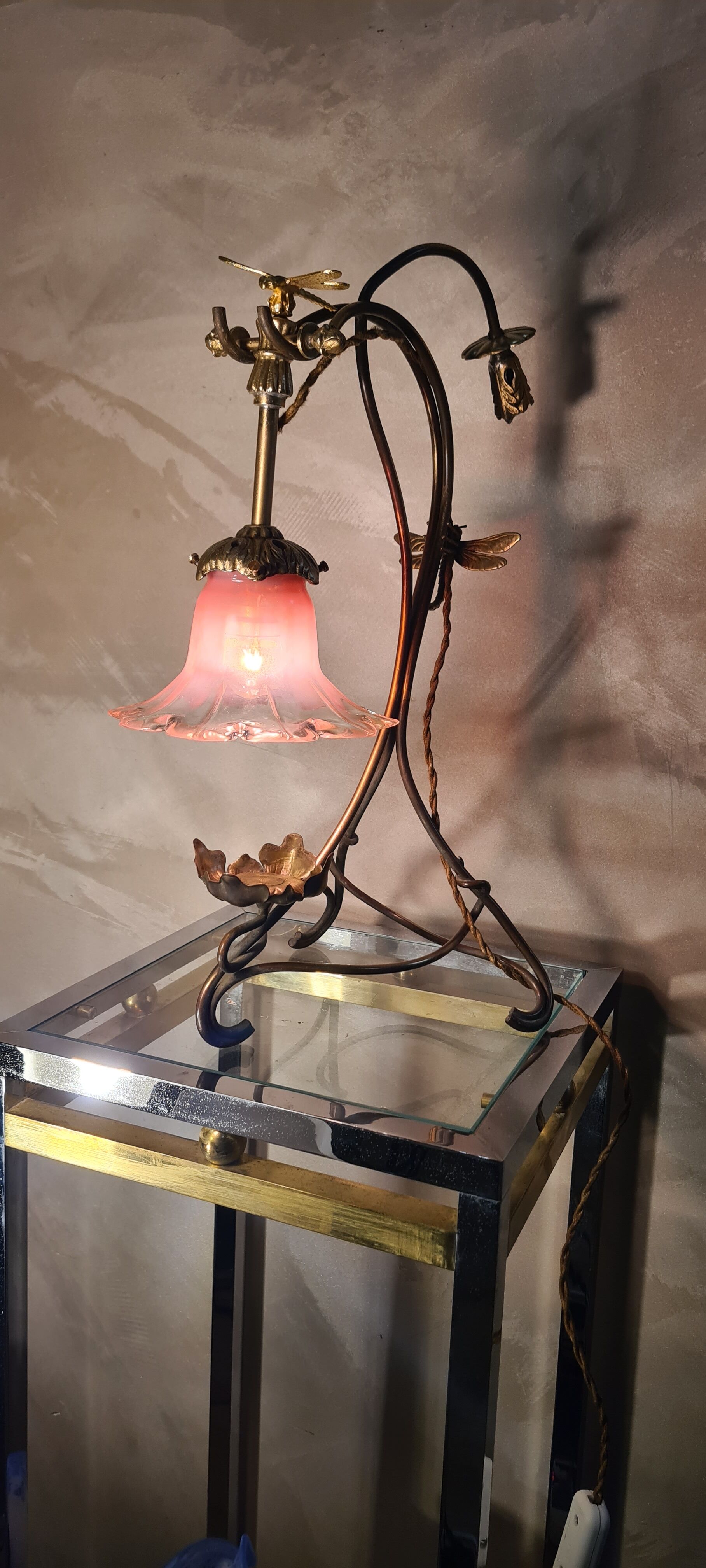Brass lamp with Art Nouveau libelules , Majorelle style, Muller and Frere, 45x30 with tulip