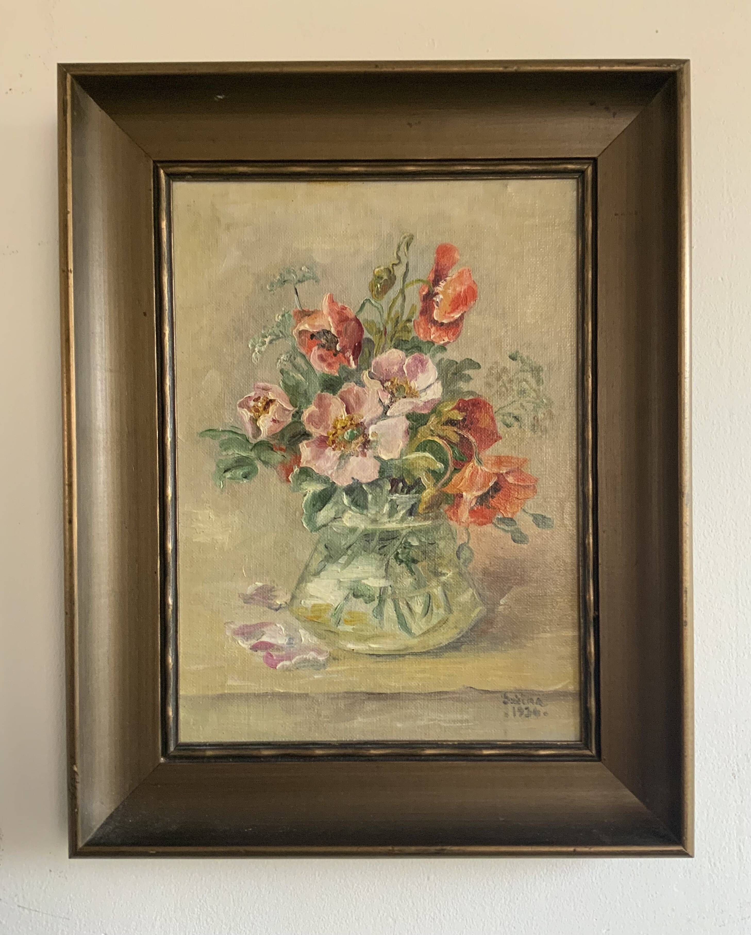 Antique oil painting still life with flowers 1936, signed