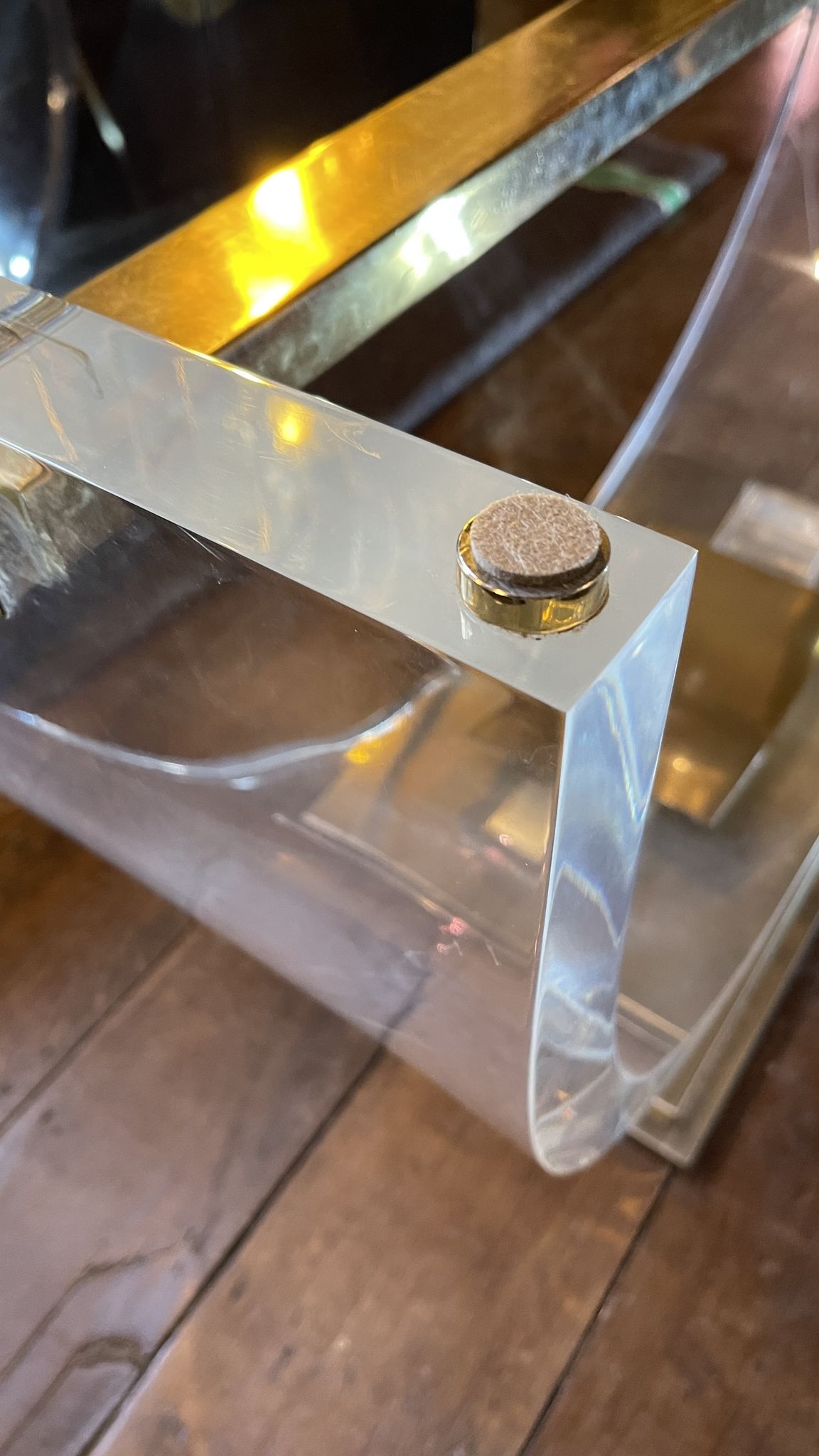 Dining room table by Charles Hollis Jones, lucite & brass, hollywood regency style, ca 1970