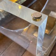 Dining room table by Charles Hollis Jones, lucite & brass, hollywood regency style, ca 1970