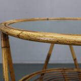 1960s Italian rattan coffee table with glass top, mid-century round design