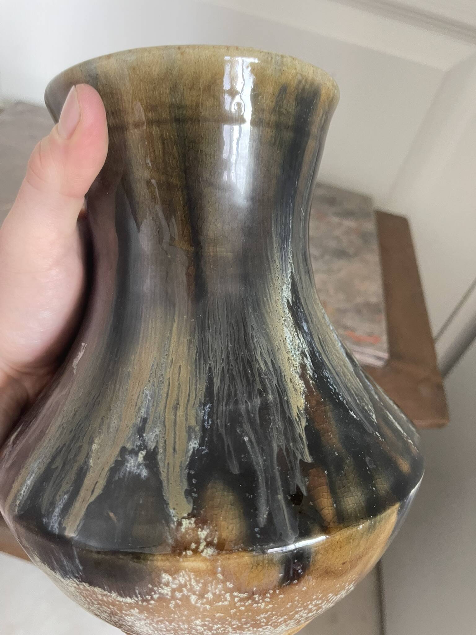 Old Vase Pot ATELIER ART LABREC Glazed Stoneware Green Brown France Pottery