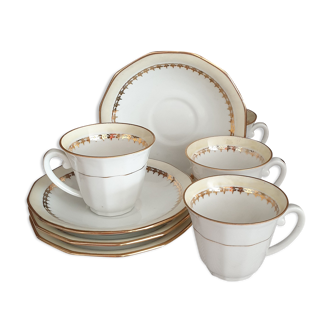 Service 4 tasses et sous tasses porcelaine vintage frise+liseré doré