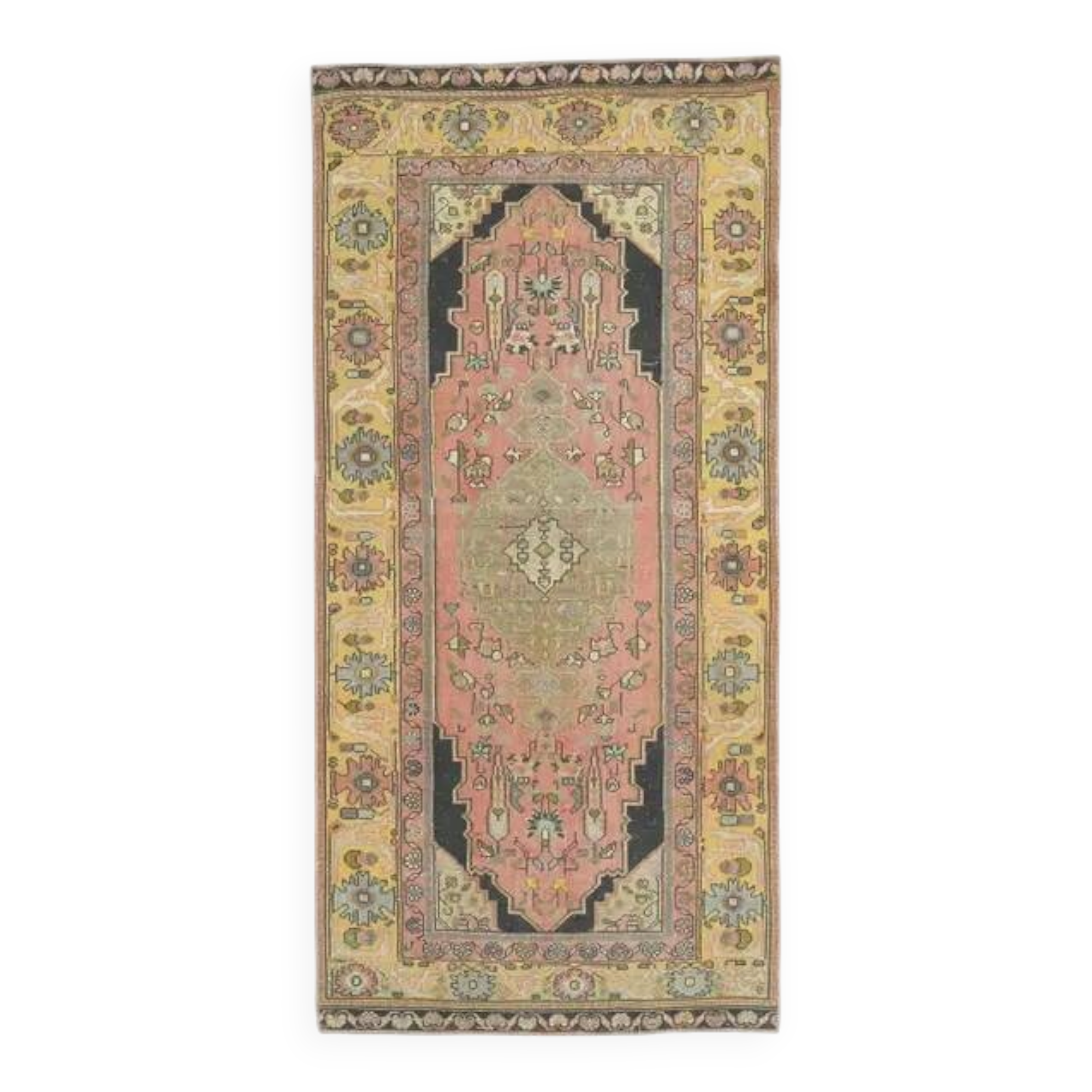1970s Turkish Oushak Handmade Wool Cotton Pink Area Rug 108x225