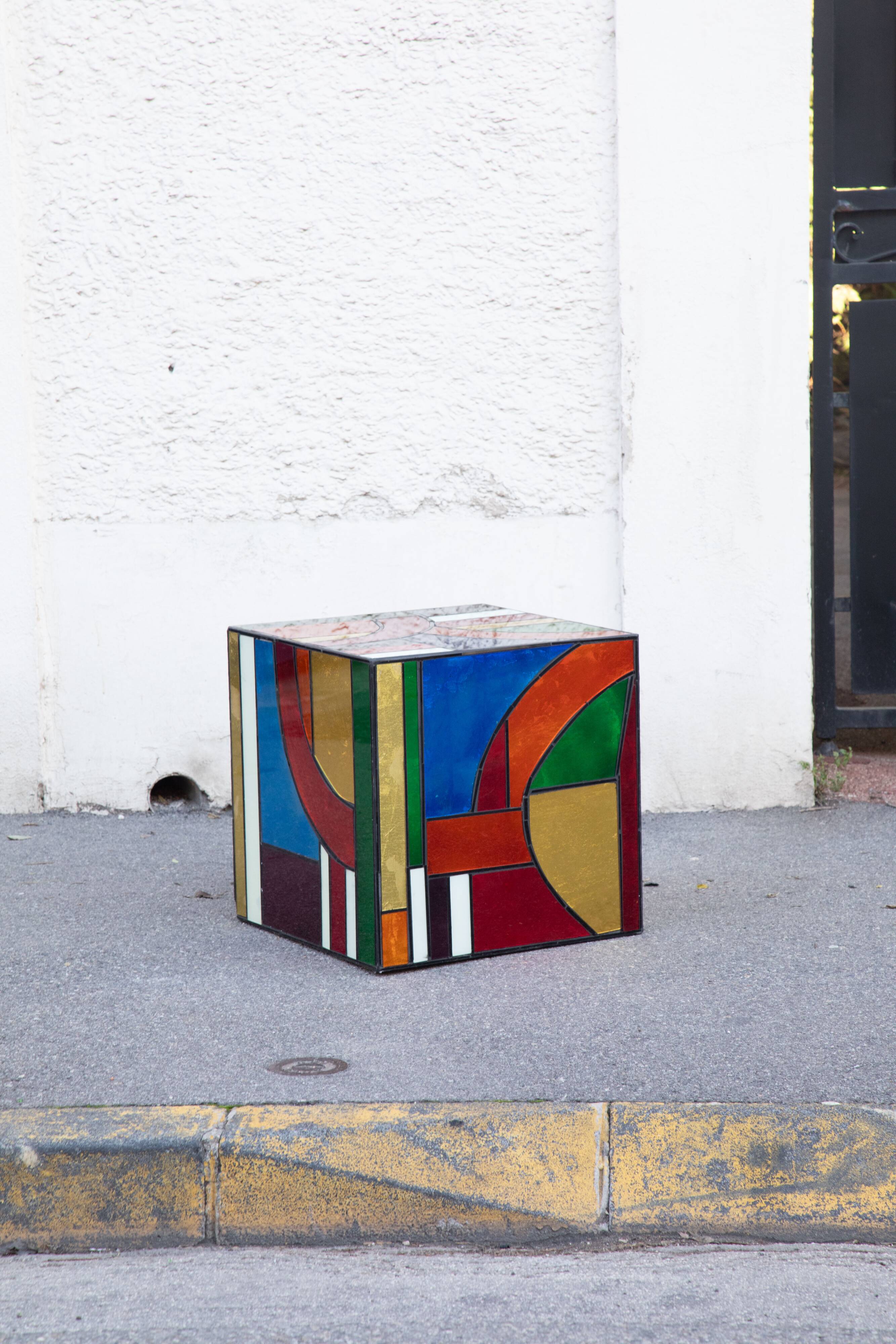 Multicolored stained glass Cube side table 50*50