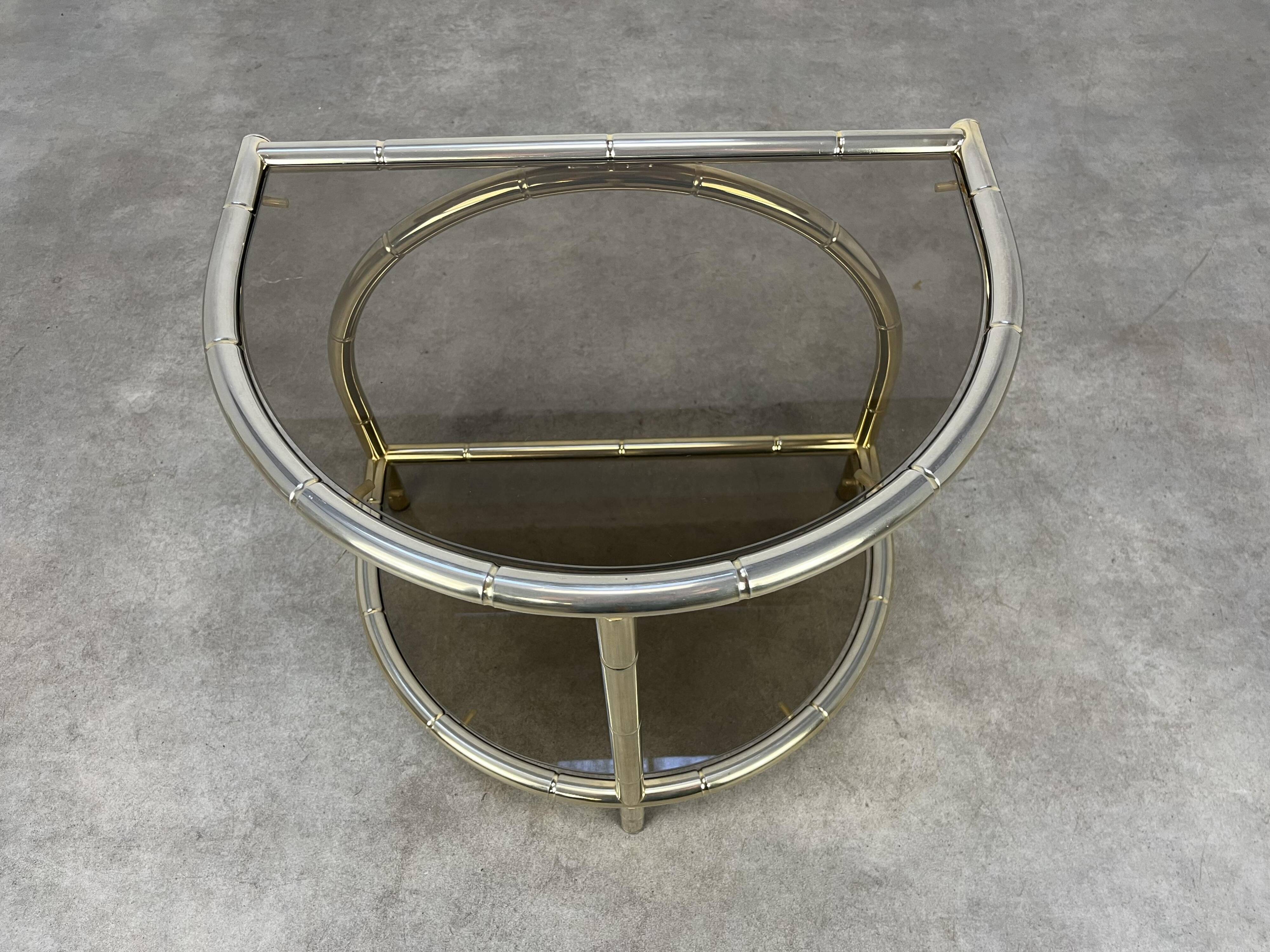 Hollywood Regency bamboo side table, gold and smoked glass, 70s