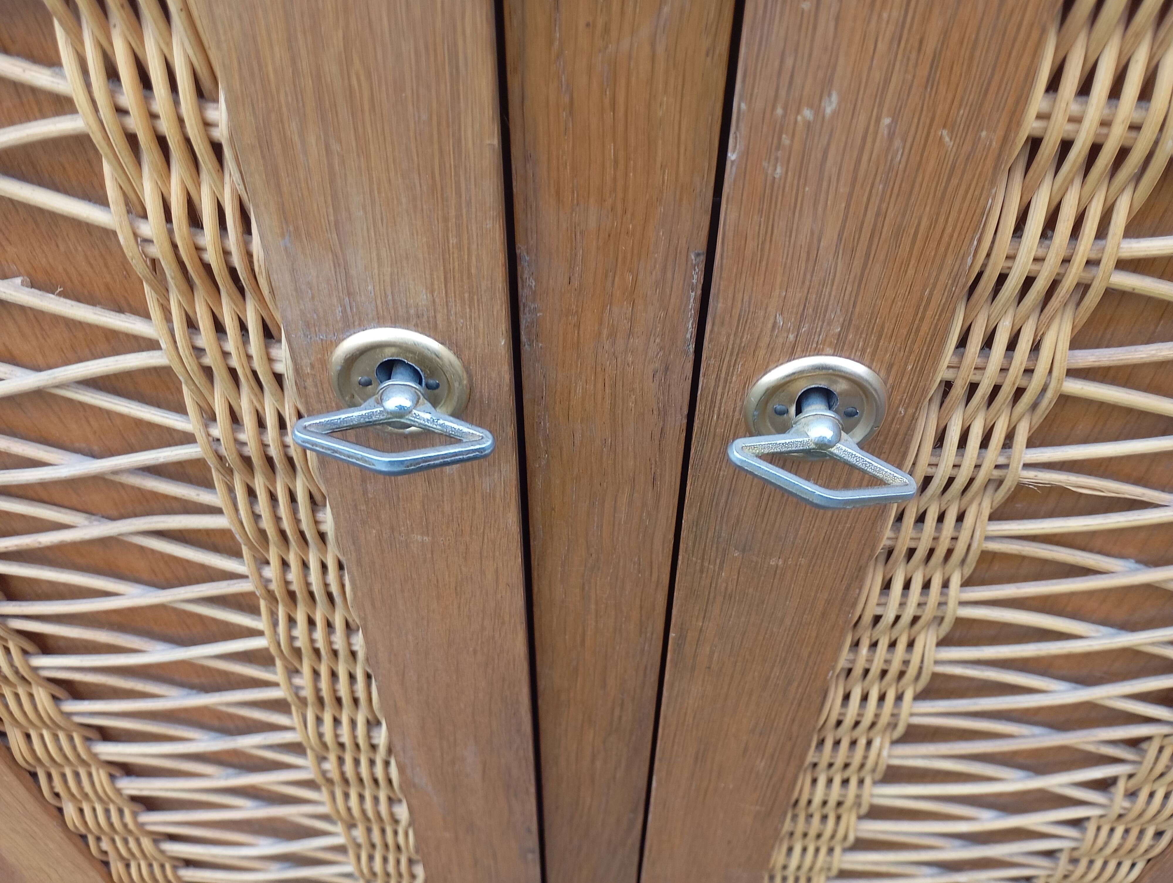 Vintage oak and rattan wardrobe