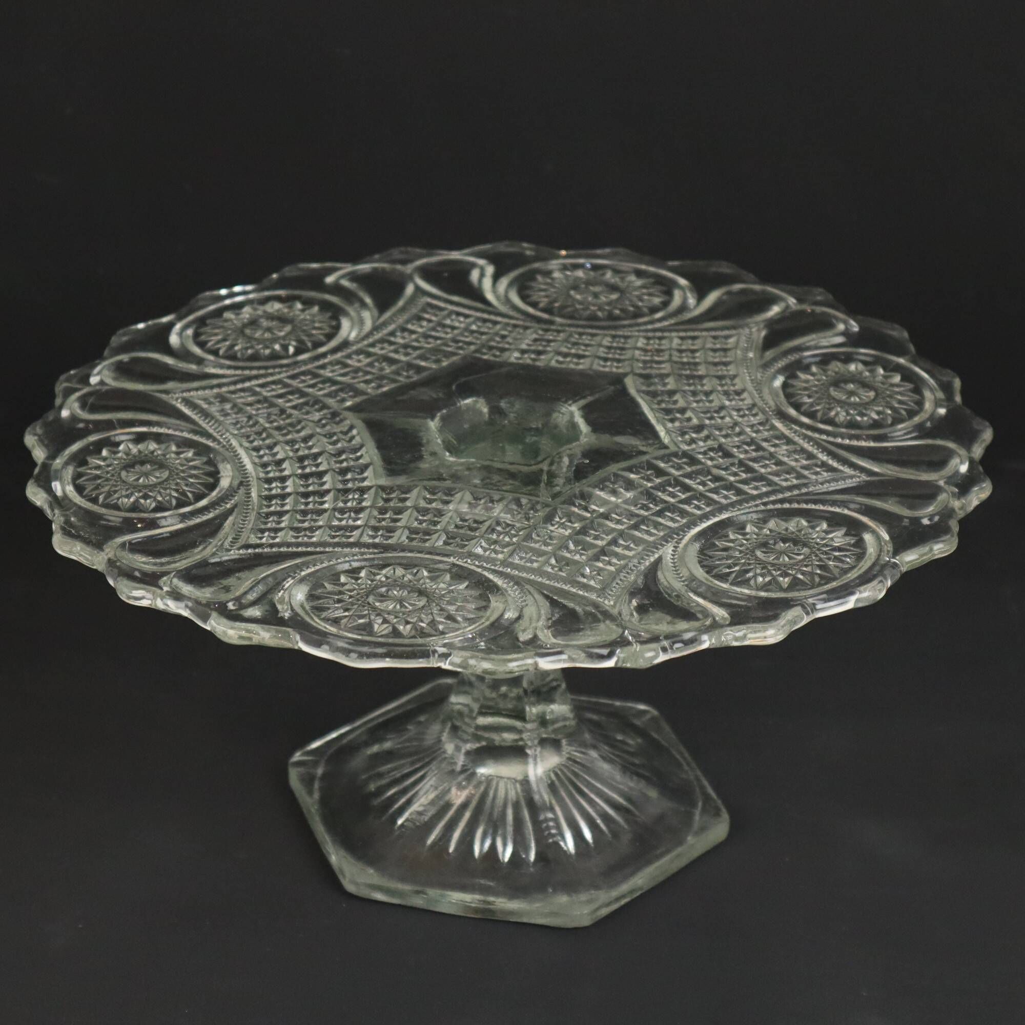 Clear Art Deco Cake Stand Pressed Glass Star Motif Cake Stand