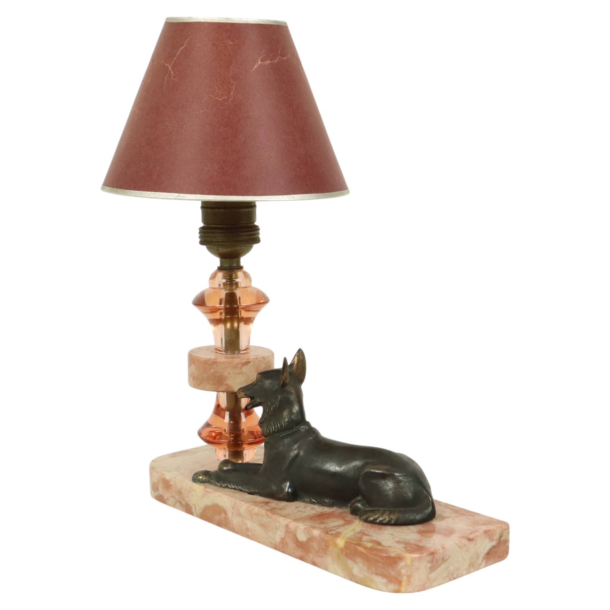 French Art Deco Table Lamp Pink Marble Glass Shepherd Dog