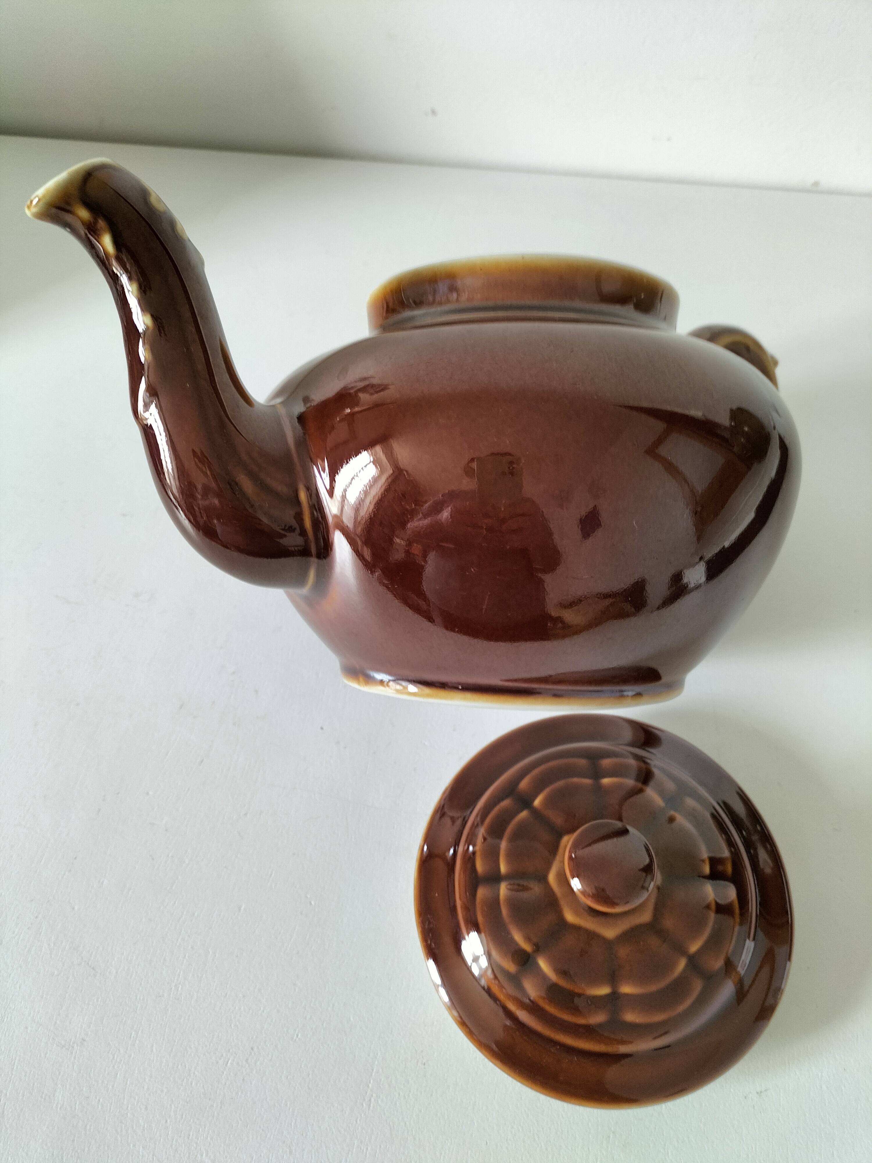 Vintage brown glazed earthenware teapot, mid-century sculptural decor.