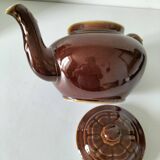 Vintage brown glazed earthenware teapot, mid-century sculptural decor.